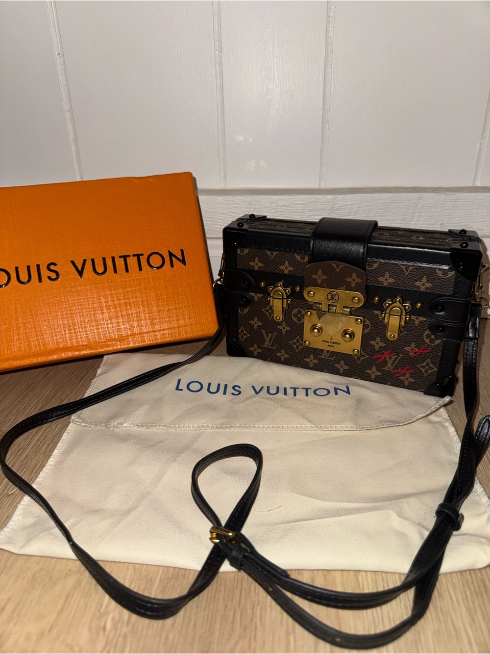 Louis Vuitton Brown Monogram Petite Malle Trunk Crossbody with Black Trim